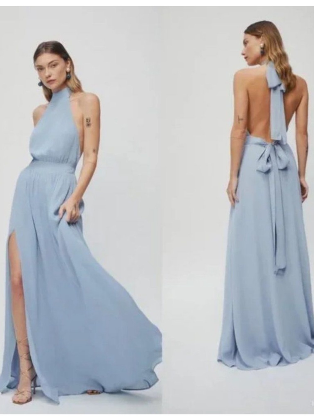 Reformation Andee Dress Pale Blue Halter Tie-Back Maxi Gown